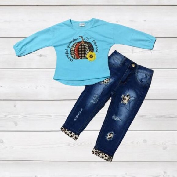 Thankful, Grateful, Blessed Top w/Denim Pants Set 8/9 - Picture 1 of 1